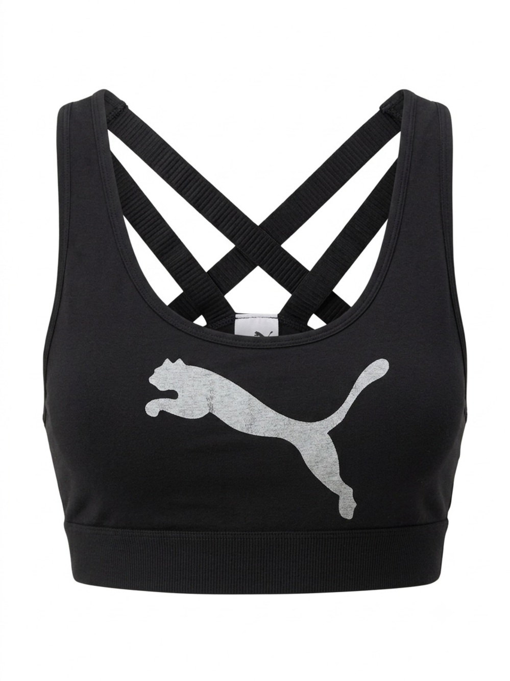 Puma Black Sports Bra with Silver Logo and Crisscross Straps